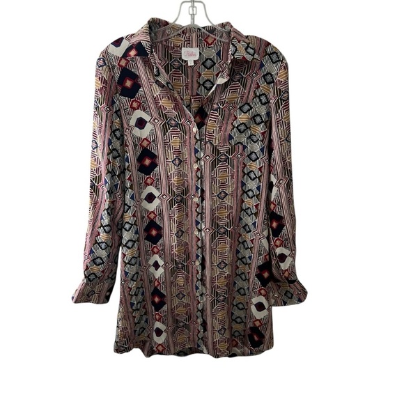 PARKER Silk Mini Dress Small Shirt Dress Button Down Boho Multicolor Geometric - Picture 1 of 7